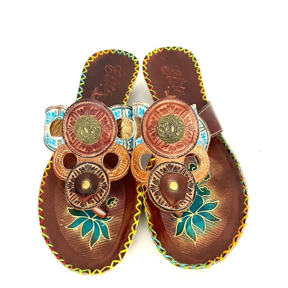 Elite By Corgys Antiqua Hand Tooled Color Sandals Size 9